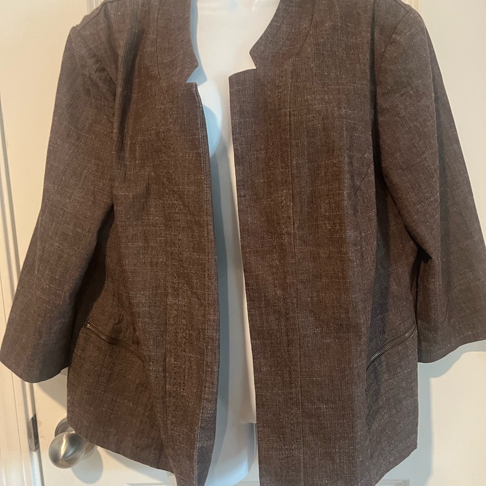 Roz & Ali Brown Textured Open-Front Collarless Blazer
